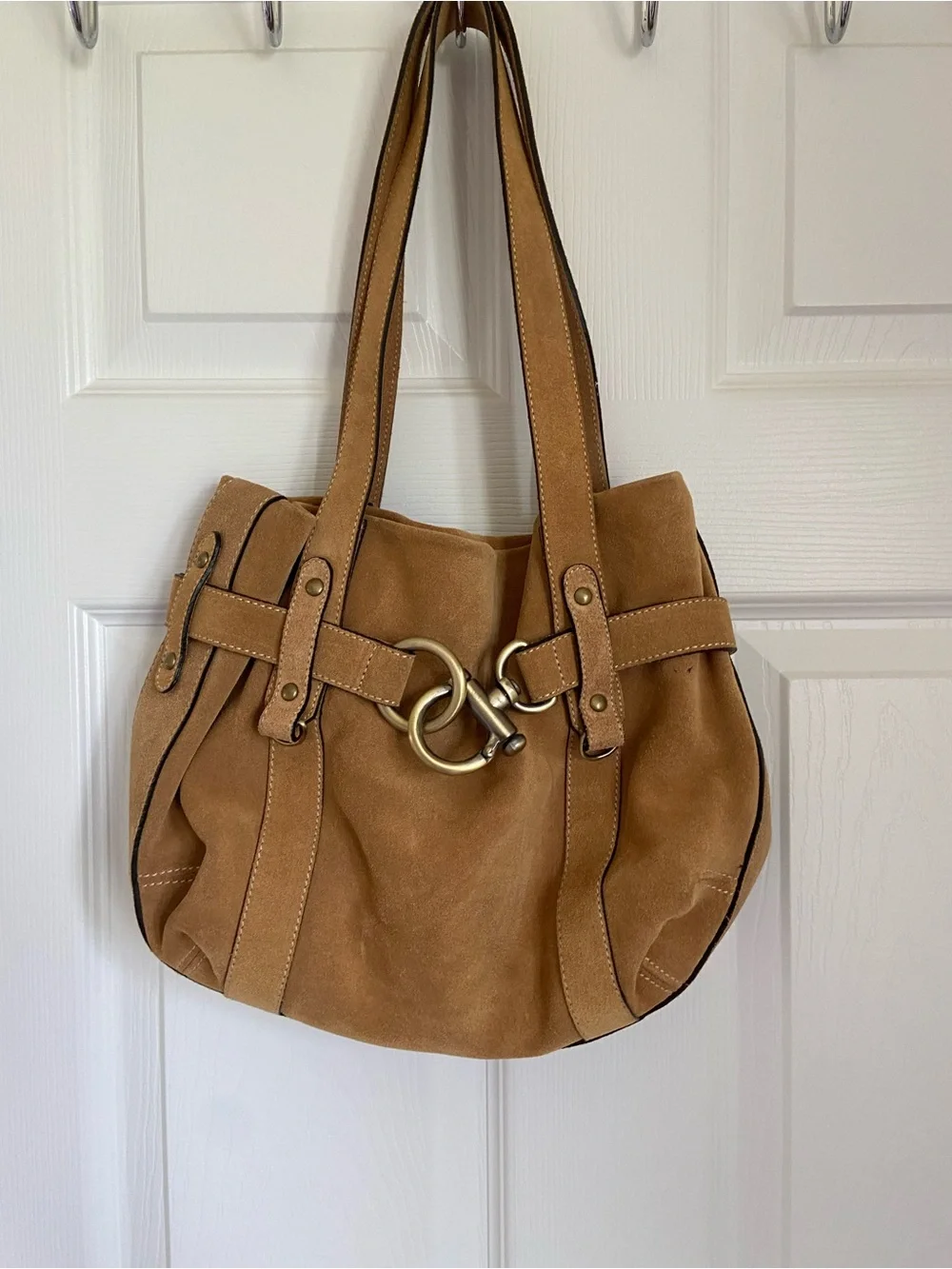 Arbo Suede Tan Shoulder Bag with Gold Hardware